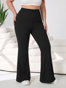Solflare Plus Size Women Solid Color High Waist Casual Versatile Flare Pants - Black - View 3