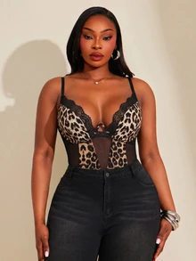 SHEIN SXY Plus Size Sexy Leopard Print Lace Patchwork Bodysuit - Multicolor - View 7