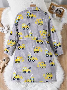 SHEIN Little Byeori 兒童青少年男孩休閒日常百搭舒適可愛卡通挖掘機圖案法蘭絨面料寬鬆中長款長褲居家服 秋冬 - 黃色 - 查看 3