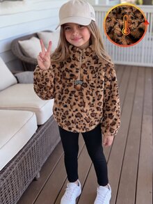 2件組女童幼兒套裝，休閒風格，豹紋印花搭配編織標籤裝飾，半拉鍊立領長袖抓絨上衣，搭配簡約純色長褲，時尚套裝，適合日常穿著、休閒外出，冬季穿著 - 彩色 - 查看 1