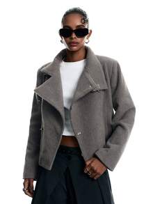 LYSMO Women's Solid Color Stand Collar Double Pocket Autumn/Winter Fashion Versatile Jacket With Airplane Buckle - Grey - View 6