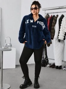 SHEIN EZwear 大尺碼 2 件套：海軍藍休閒字母印花拉鍊抓絨連帽衫與修身瑜伽褲，百搭大尺碼風格，適合秋冬穿著 - 藏蓝色 - 查看 4