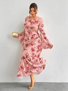 Firerie Vestido elegante con estampado floral y ribete de volantes para tallas grandes - Rosa - Ver 5