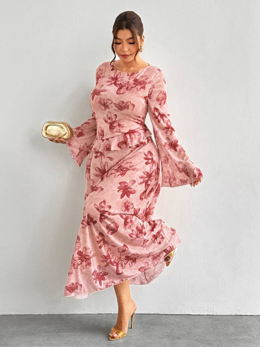 Firerie Plus Size Elegant Floral Print Ruffle Trim Dress - Pink - View 1