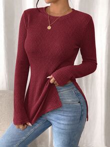 SHEIN Frenchy Solid Waffle Knit Split Hem Tee Burgundy/Wine - Rose Red - View 4