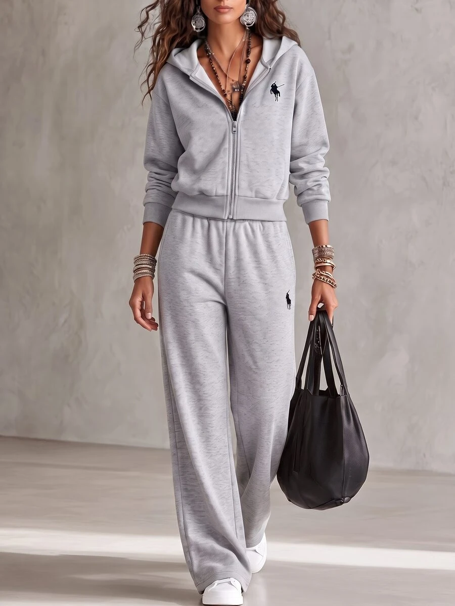 LUMIGAL Women's 2 Pieces Tracksuit, ZipUp Hooded Cropped Sweatshirt & WideLeg Pants Set, Casual Daily Outfit - Multicolor - View 1