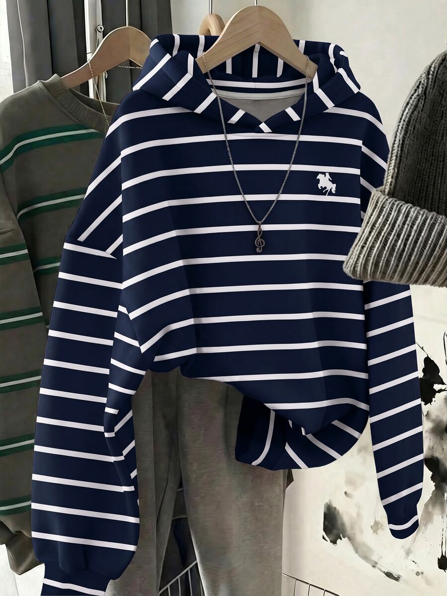 SHEIN 青少年女孩秋冬新款藍白條紋寬鬆運動衫 - 藏蓝色 - 查看 1