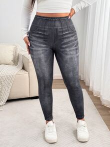 Enliva Legging Stretch Bermotif Ukuran Besar, Celana Kasual Slim Fit Pinggang Tinggi - Dark Grey - View 6