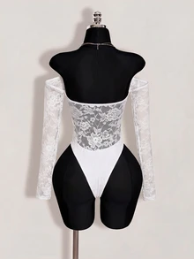 SHEIN ICON 女款露肩蕾絲拼接性感百搭約會與外出連身衣 - 白色 - 查看 2