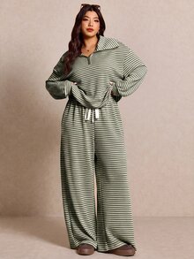 Elaquor 大尺碼女款休閒白色拉鍊外套長褲兩件套條紋套裝，適合秋季正式場合與假期 - 軍綠色 - 查看 3