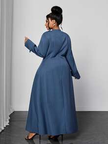 Maweii Plus Size Women's Casual Commute V-Neck Long Sleeve Large Button Decor Cinched Waist Dress Fall - Blue - View 4