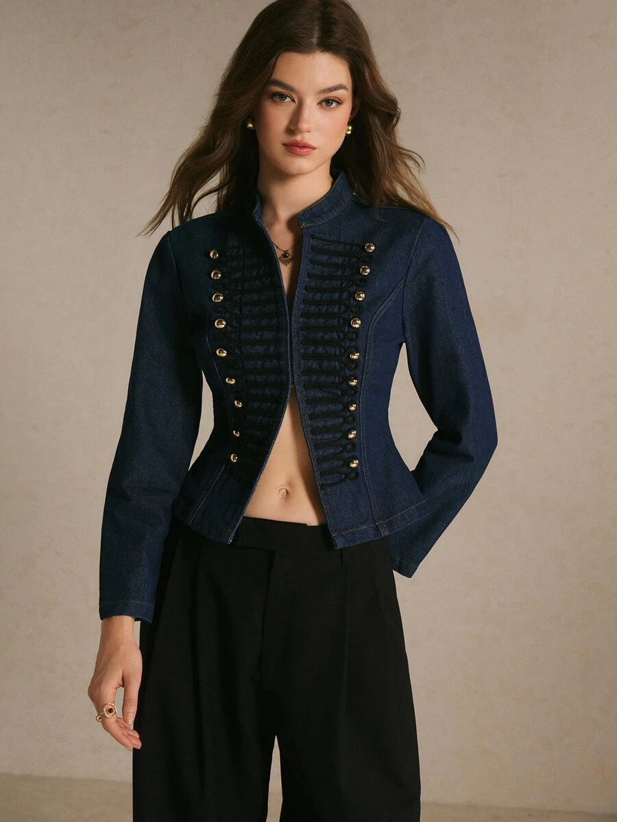 Poéselle Damjacka i denim med lång ärm, knappdesign och avslappnad Napoleon-stil - Mörktvätt - Visa 1