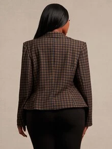 SHEIN SXY Plus Size Women's Brown & Black Plaid Padded Shoulder Cinched Waist Blazer - Chocolate Brown - View 8