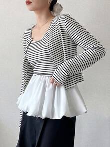 FRIFUL 女款條紋拼色細肩帶背心上衣與長袖開襟衫休閒日常兩件套 秋季 - 黑與白 - 查看 6