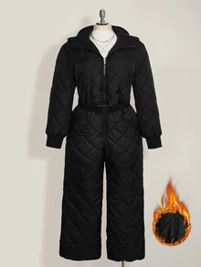 SHEIN ICON Women's Plus Size Quilted Diamond Pattern Black Ski Jumpsuit - Black - View 8