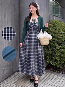 Bijouette Plus Size Korean Style Plaid Cami Dress With Lace-Up Long Sleeve Cardigan 2 Pieces Set Fall - Navy Blue - View 11