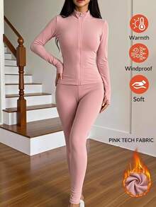 SHEIN EZwear 秋冬抓絨內裡拉鍊夾克與內搭褲休閒兩件套 - 粉色 - 查看 1