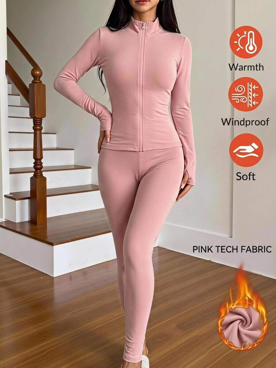 SHEIN EZwear 秋冬抓絨內裡拉鍊夾克與內搭褲休閒兩件套 - 粉色 - 查看 1