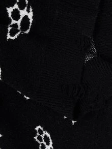 ROMWE Dark Gothic Halloween Ghost Face Jacquard Distressed Design Crew Neck Pullover Loose Fit Sweater - Black and White - View 7