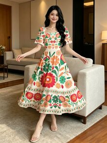 Modelyn Bohemian Colorful Hand-Painted Floral Print Women's Dress, Fashionable Square Neck Flutter Sleeve Ruffle Cap Sleeve High Waist Patchwork A-Line Umbrella Long Dress, Suitable For Daily Casual Street Wear, Autumn/Summer - Multicolor - View 4