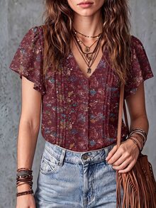 Everyssa Bohemian Pastoral Floral Ruffle Hem Short Sleeve Blouse, Slouchy Distressed Print Slimming Top - Multicolor - View 1