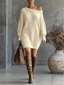 SHEIN Fiorisel Women's Gentle Versatile Asymmetrical Shoulder Sweater Dress - Apricot - View 5
