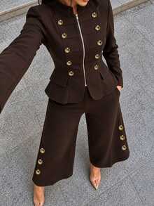 Velvienne Vintage Royal Style Coffee Brown Stand Collar Gold Button Blazer Set For Women, Waist-Cinching Zipper Jacket With Side Metal Buckle Wide Leg Pants, 2 Pieces Set, Plus Size - Brown - View 4
