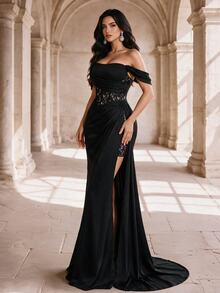 Coutiva Cold Shoulder Backless Split Lace Pleated Evening Dress - Black - View 5