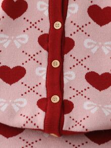 Young Girl' Sweater Set, Stylish Heart‑Patterned Cardigan Top With Skirt - Pink - View 5