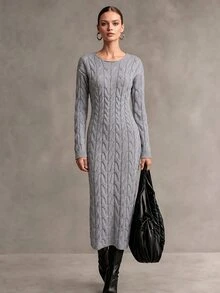 SHEIN فستان ضيق برقبة دائرية متعدد الاستخدامات محبوك بالكابلات بأكمام طويلة - رمادي - مشاهدة 3