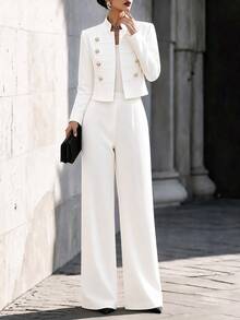 Balvessa Women's Elegant Double-Breasted Long Sleeve Jacket And Pocket Pants Set - White - View 5