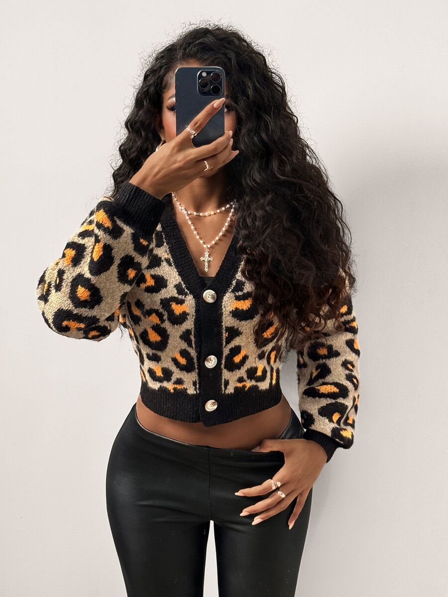 SHEIN BamGlam Sweater Kardigan Kancing Motif Leopard untuk Musim Gugur/Dingin - MultiWarna - View 1