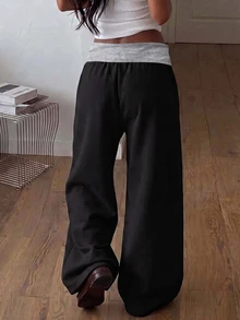 SHEIN 青少年女孩拼接配色腰部寬腿寬鬆休閒運動長褲 - 彩色 - 查看 2