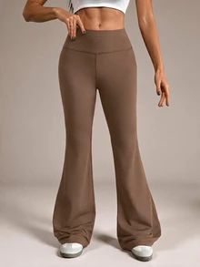 SHEIN Tall 女款純色修身百搭日常穿著喇叭褲 - 卡其色 - 查看 5