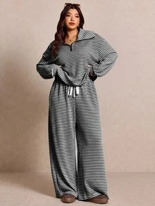 Elaquor 大尺碼女款休閒白色拉鍊夾克褲裝兩件套 條紋套裝 秋季正式度假款 - 黑與白 - 查看 3