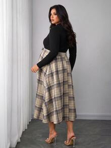 Momance Plus Size Maternity Dress Long Sleeve Waist Tie Plaid Dress Autumn/Winter Fall - Black - View 2