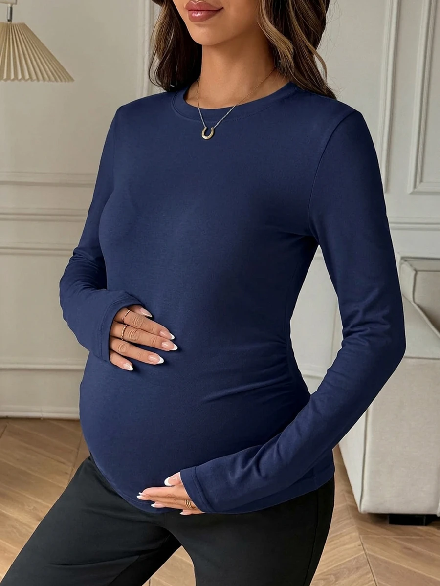 Dazy Maternity 純色修身圓領長袖休閒柔軟度假韓風春秋孕婦T恤 正式拍照用 白色 - 藏蓝色 - 查看 1