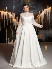 Glamrae فستان زفاف مقاس كبير أنيق رومانسي فاخر مزين بالخرز والدانتيل بتصميم مرقع من الساتان المطاطي بياقة واقفة 2 في 1 شفاف بأكمام طويلة ضيق بقصة A-Line مع ذيل - أبيض - مشاهدة 4