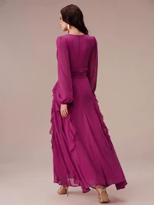 BELROSIE Lantern Sleeve Ruffle Trim Maxi Dress - Purple - View 7