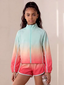 SHEIN Tween Girls Activewear Woven Gradient 2-Piece Set, Gradient Print Sports Jacket + Gradient Print Running Shorts, Suitable For Casual Sports And Yoga, All Season - Orange - View 3