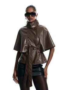 LYSMO Women's Solid Color PU Leather Fashion Versatile Daily Casual Jacket - Brown - View 6