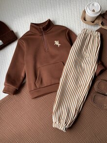 SHEIN 2件組兒童小男孩小女孩秋冬立領長袖條紋運動衫長褲套裝 男童套裝 - 彩色 - 查看 6