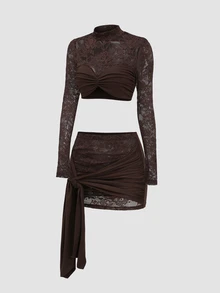 Sweetra Y2K Sexy Lace Patchwork Pleated Crinkled Versatile Party Commute 2 Pieces Set - Coffee Brown - View 8
