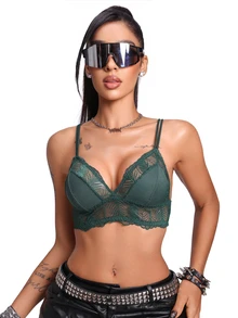 AltBold 1pc Lace Patchwork Wireless Non-Padded Women's Bra - Dark Green - View 4