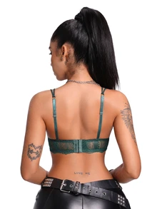 AltBold 1pc Lace Patchwork Wireless Non-Padded Women's Bra - Dark Green - View 2