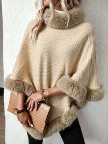Balvessa Women's Solid Color Patchwork Faux Fur Fashion Cape Regular Coat - Khaki - View 3