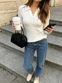 Cévolie Commuter Versatile Travel Office Henley Collar Minimalist Unique Twisted Rope Cable Knit Pullover - White - View 5