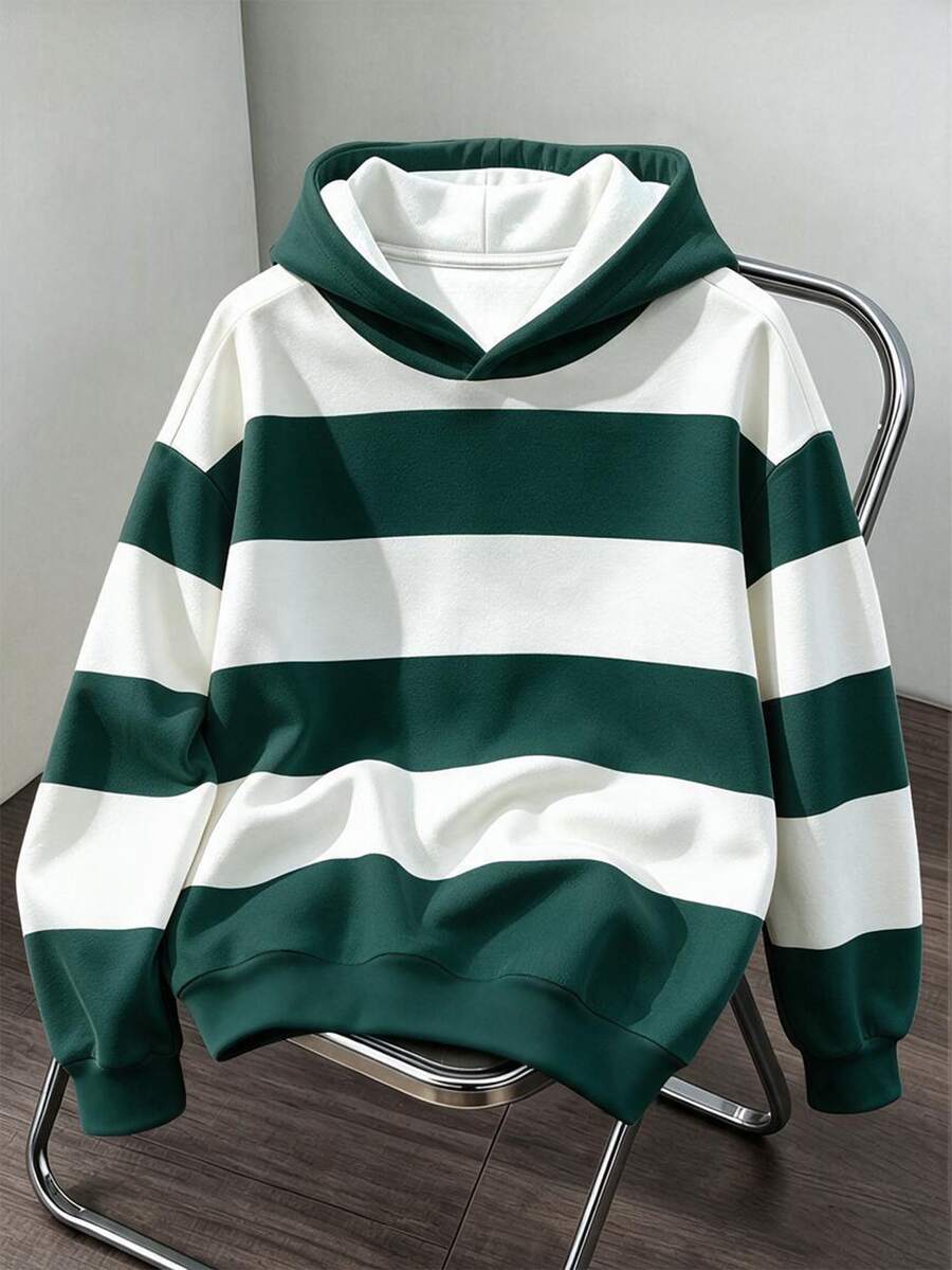Daypath Men's Casual Green & White Striped Hoodie, Ribbed Hem - Multicolor - View 1