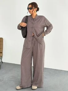 Firerie Brown Striped Plus Size Loose New Chinese Style Casual Set/Daily Streetwear Autumn 2 Pieces Set/New Chinese-Style Two Pieces Set / Autumn-Winter Outfit - Brown - View 1