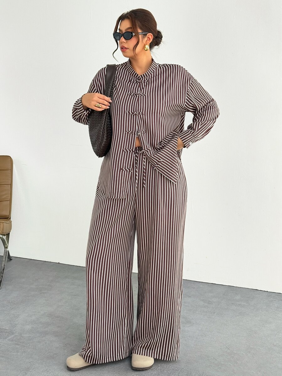 Firerie Brown Striped Plus Size Loose New Chinese Style Casual Set/Daily Streetwear Autumn 2 Pieces Set/New Chinese-Style Two Pieces Set / Autumn-Winter Outfit - Brown - View 1